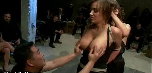  Busty tied up brunette fondled and fucked in public